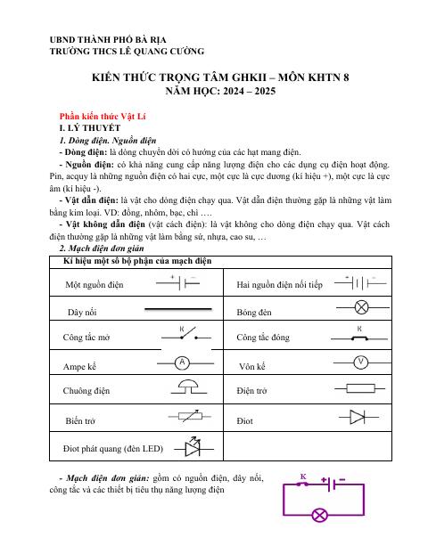 Đề cương ôn tập Giữa kì 2 KHTN 8 năm 2024–2025 trường THCS Lê Quang Cường (Bà Rịa Vũng Tàu)
